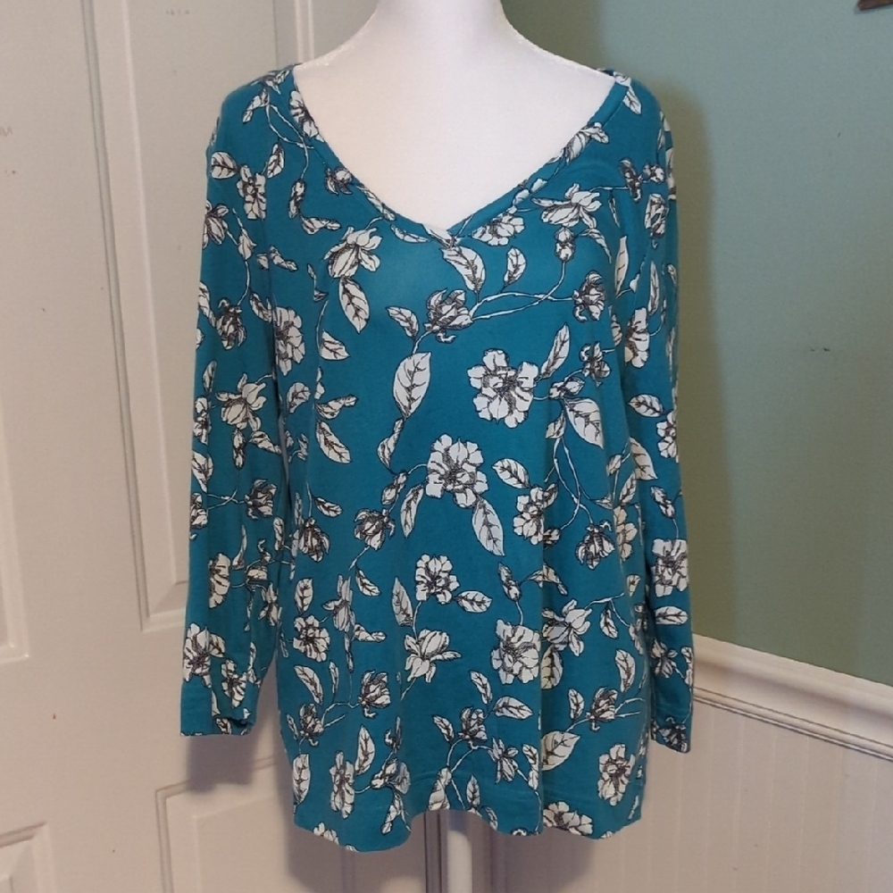 Chico's Floral Teal Long Sleeve V-Neck Top Size 2 Large